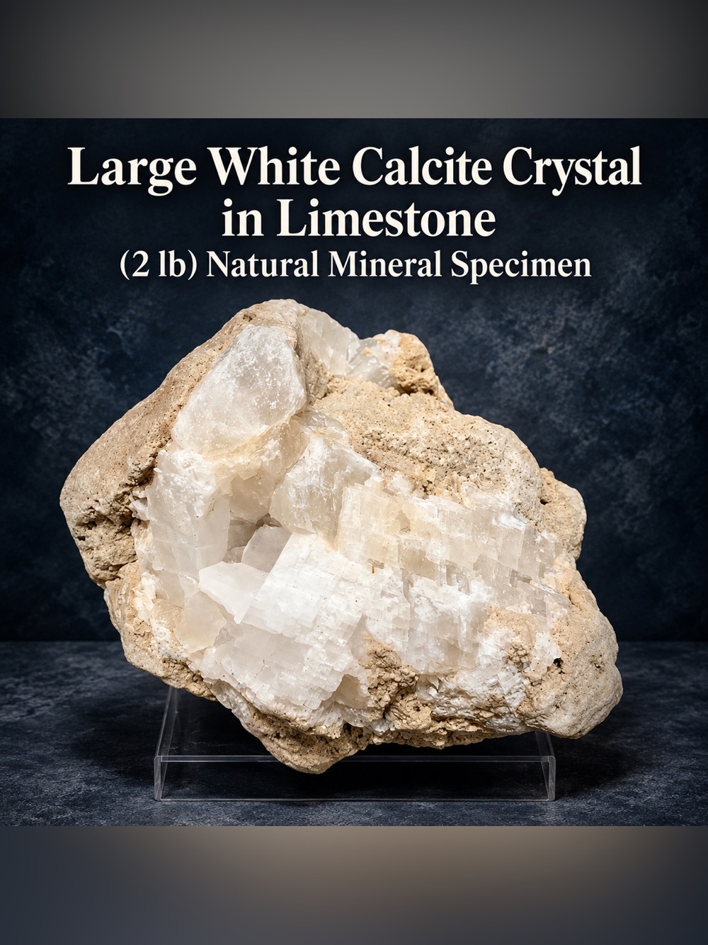 Large White Calcite Crystal in Limestone – 2 lb Natural Mineral Specimen